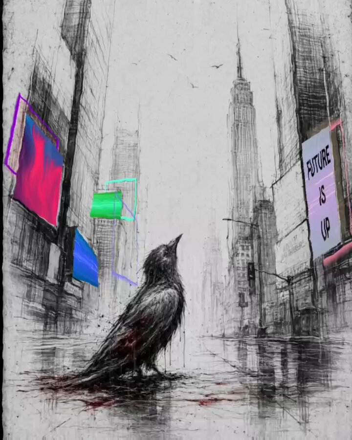The image features a black and white drawing of a bird standing on a wet street, with buildings visible behind it. The bird appears to be injured or in pain, as there are splatters of blood on its wings. In the background, there is a sign that says "future is u". This artwork seems to be related to the post about GM World and the concept of not flying.