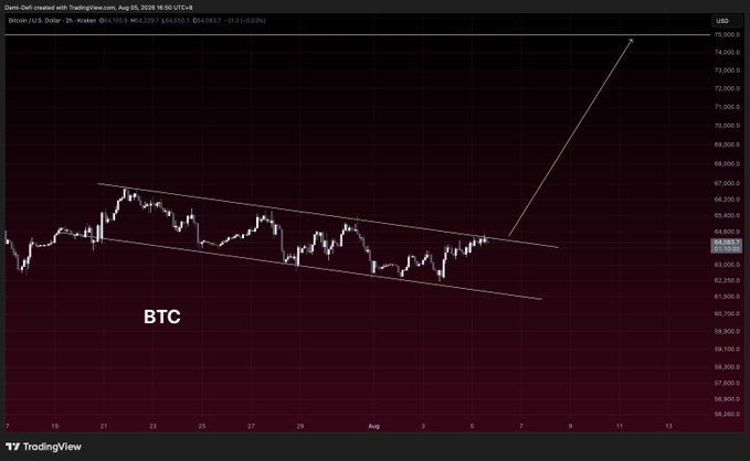 The image is a TradingView 2-hour candlestick chart of BTC/USD created by TradingView.com, dated August 5, 2026, showing a descending wedge pattern with a projected breakout arrow pointing toward the $75,000 price level—visually supporting the post's bullish prediction of BTC reaching $75K within the next 30 days.