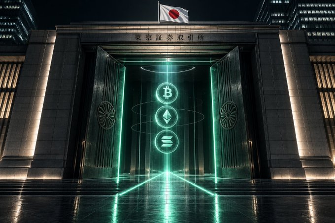 Digital artwork of the Tokyo Stock Exchange entrance with the Japanese flag above, featuring glowing cryptocurrency symbols (Bitcoin, Ethereum, Solana) hovering in the open doorway.