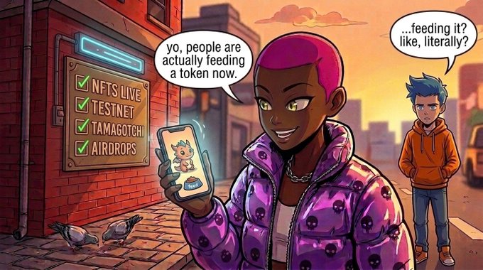 An illustrated comic-style scene shows a woman with pink hair in a purple puffer jacket holding a phone displaying a creature NFT, with a speech bubble reading 'yo, people are actually feeding a token now.' A nearby checklist highlights 'NFTS LIVE,' 'TESTNET,' 'TAMAGOTCHI,' and 'AIRDROPS,' while a man in the background remarks '...feeding it? like, literally?'