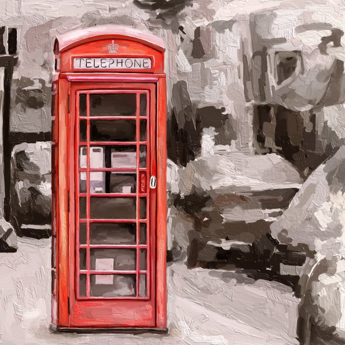 A stylized painterly image of a classic red British telephone booth with the word 'TELEPHONE' displayed at the top, set against an abstract grayscale background.
