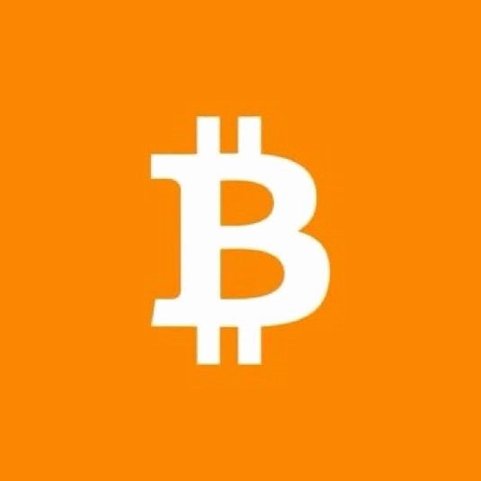 The Bitcoin logo, a stylized white 'B' with two vertical lines, is centered on a bright orange background.