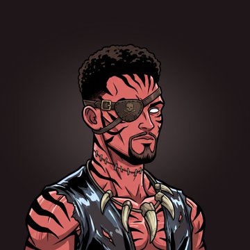 An illustration of a warrior figure with red skin, tribal face markings, a beard, a leather strap across one eye, and a dark vest adorned with bone-like spikes.