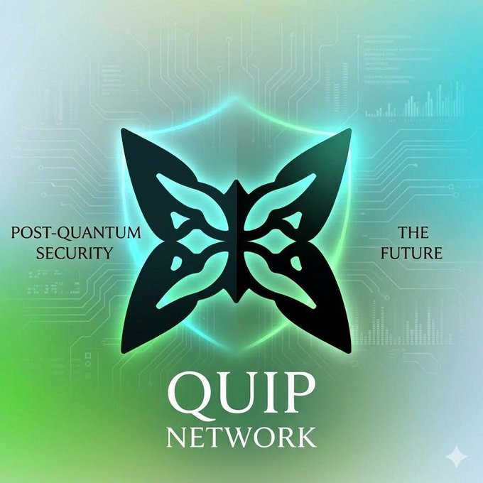 The QUIP NETWORK logo, a stylized black butterfly shield, with the text 'POST-QUANTUM SECURITY' and 'THE FUTURE' against a teal and green digital circuit background.