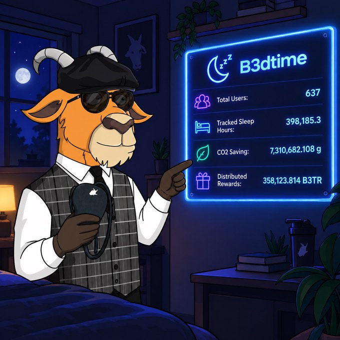 An illustration of an anthropomorphic goat in a detective outfit holding a magnifying glass, standing next to a neon blue screen displaying 'B3dtime' statistics like 'Total Users: 637' and 'Tracked Sleep Hours: 398,185.3'.
