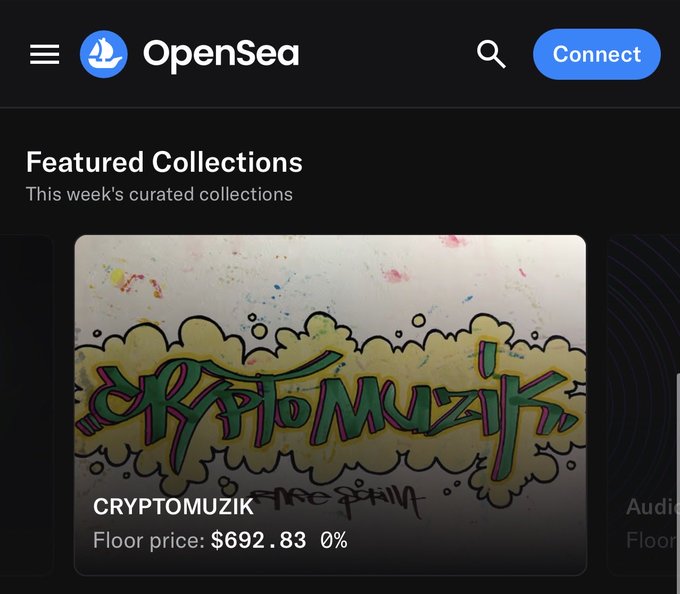 A screenshot of the OpenSea NFT marketplace showing a "Featured Collections" section with a "CRYPTOMUZIK" collection featuring graffiti-style artwork and a floor price of $692.83.
