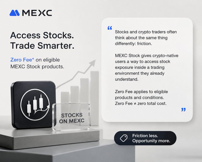 An advertisement for "MEXC" promotes stock access with the headline "Access Stocks. Trade Smarter." and features a display with "STOCKS ON MEXC" alongside text explaining zero-fee trading.