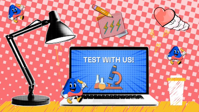 A retro-style illustration featuring anthropomorphic blue character mascots, a desk lamp, microscope, laptop displaying 'TEST WITH US!', and various stickers on a pink checkered background.