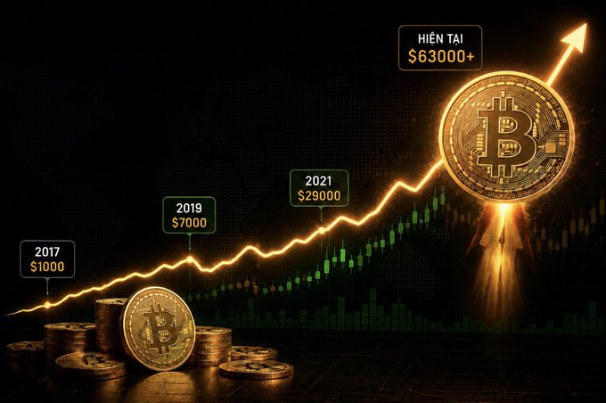 A Bitcoin price chart graphic showing the growth from $1000 in 2017 to $63000+ currently, with a glowing Bitcoin rocket launching upward.