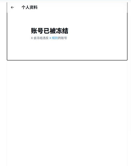 A Chinese-language app screen showing '个人资料' (Personal Information) with a message stating '账号已被冻结' (Account has been frozen), indicating the X account violates platform rules.