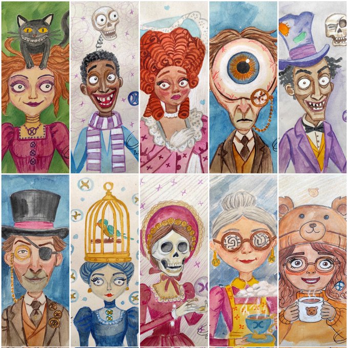 A grid of ten hand-drawn whimsical character portraits featuring people with cats, skulls, birds, and various quirky accessories in vibrant colors.