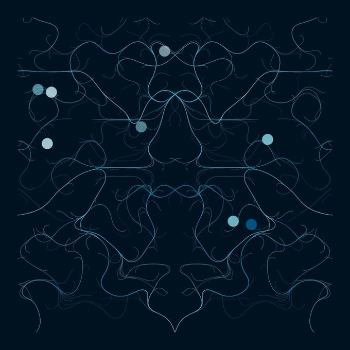 An abstract digital artwork featuring symmetric, swirling blue line patterns with scattered light blue and dark blue dots on a dark navy background.