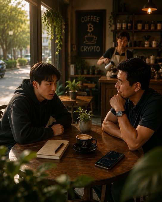 Two men sit across from each other at a wooden table in a coffee shop, with a 'COFFEE & CRYPTO' sign visible on the wall behind them; one man has a notebook while the other rests his chin on his hands near a coffee cup.