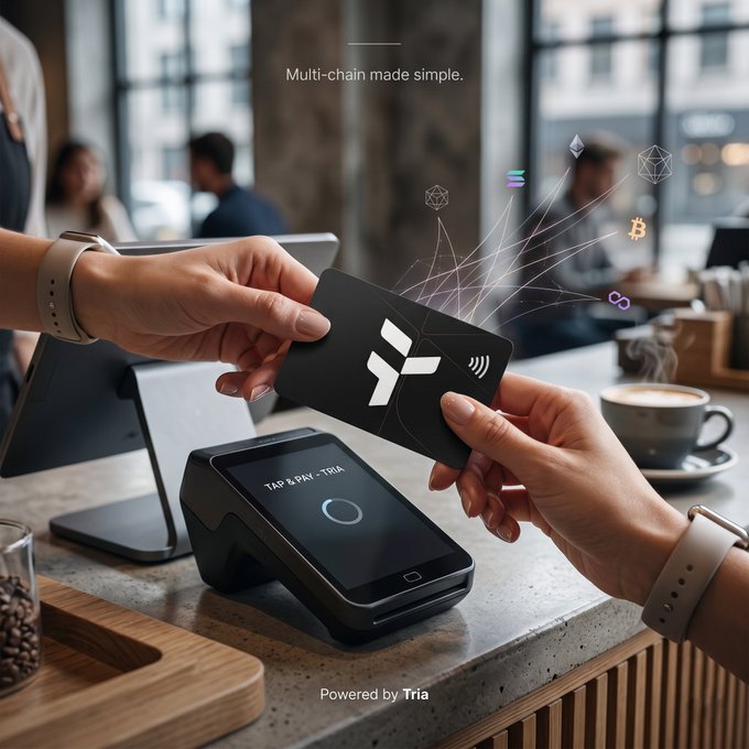 The image shows two people holding up a black credit card with a white "F" logo, presumably for use at a restaurant or cafe. The card appears to be used for multiple crypto chains, as indicated by the text in the image. This suggests that the person using the card is likely interested in cryptocurrency and wants to easily manage their assets across different networks without having to carry multiple cards.