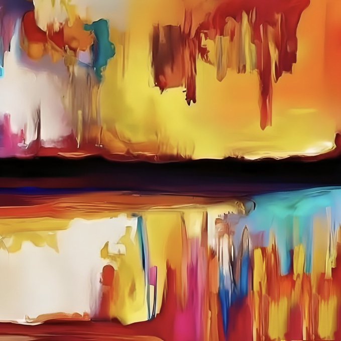 A vibrant abstract painting featuring bold, sweeping brushstrokes in fiery oranges, yellows, reds, and contrasting cool blues and turquoises, separated by a dark horizontal band that evokes a dynamic, emotion-filled horizon. The energetic composition and expressive palette perfectly embody the artwork's title "Enthusiasm," channeling raw feeling through intense color and movement.