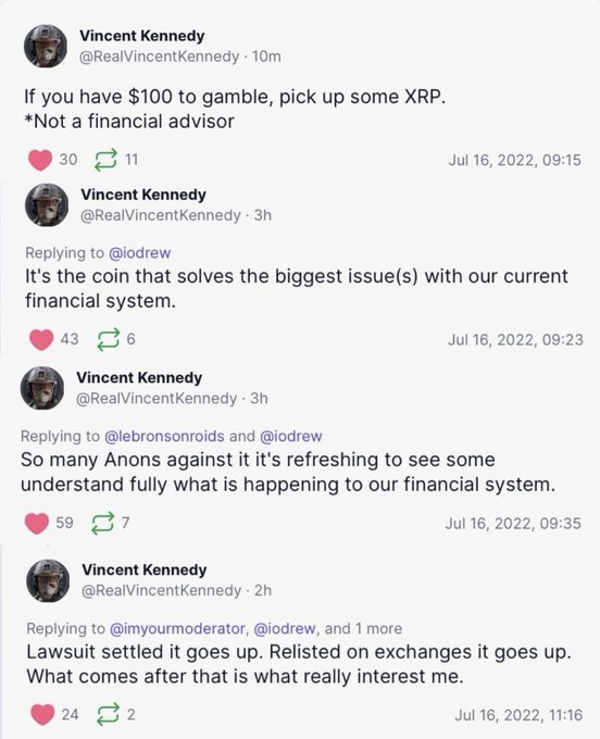 A screenshot of a series of tweets from Vincent Kennedy (@RealVincentKennedy) posted on July 16, 2022, promoting XRP with the advice "If you have $100 to gamble, pick up some XRP" and claiming it solves issues with the current financial system, which aligns with the post's sentiment that XRP is poised for an upward move.