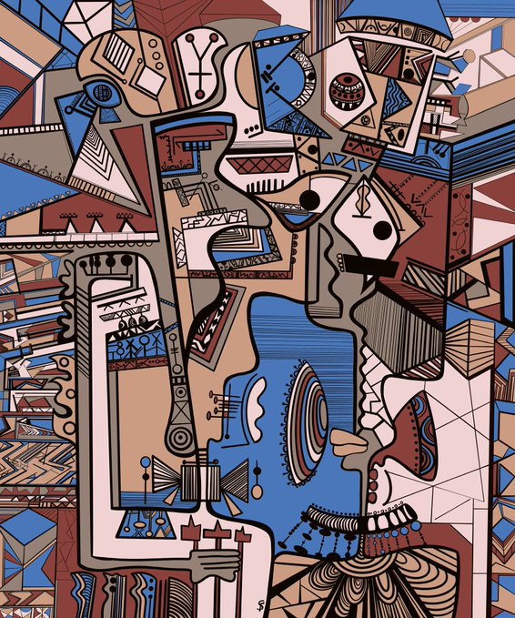 A complex abstract painting featuring fragmented geometric shapes and stylized faces rendered in blue, brown, white, and beige tones.