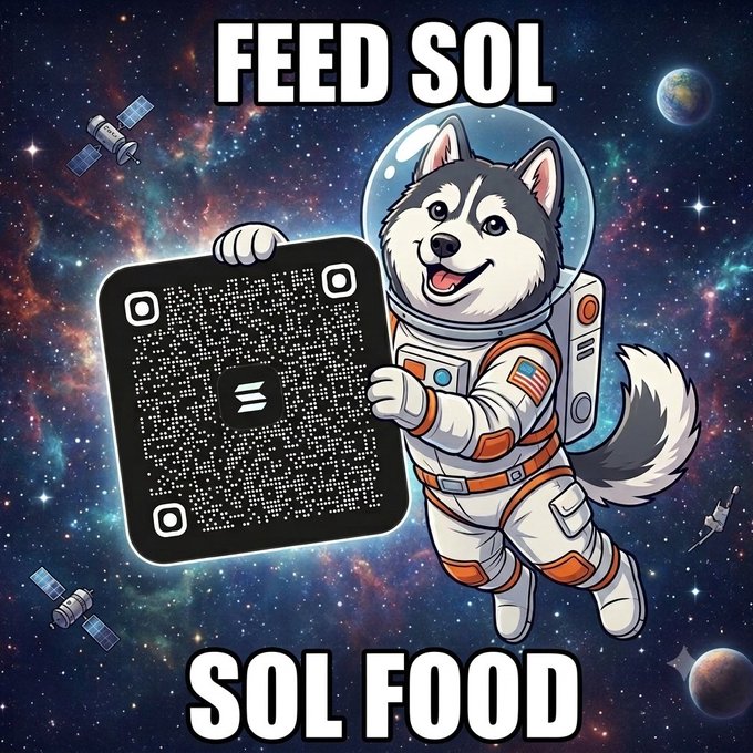 A cartoon husky in a spacesuit floats through a starry galaxy, proudly holding a large black QR code, with the text "FEED SOL" above and "SOL FOOD" below. The meme ties into the post's playful "rockets and feeds sol to d hungry" idea, using the space theme to suggest fueling the Solana ecosystem.