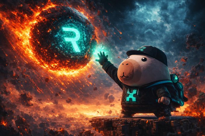 In the image, we see a playful pig-like character reaching out to a large, fiery sphere with a glowing 'R' symbol, which could symbolize a digital currency or platform. This visual relates to the post's message by metaphorically illustrating the concept of 'R' as a potentially powerful cryptocurrency platform that emphasizes secure and flexible account management options, offering users enhanced control over their digital assets. The character's gesture and the energetic backdrop suggest the significant impact ('Big') that engaging with and understanding such platforms ('Small change') could have on the user's experience in digital finance.