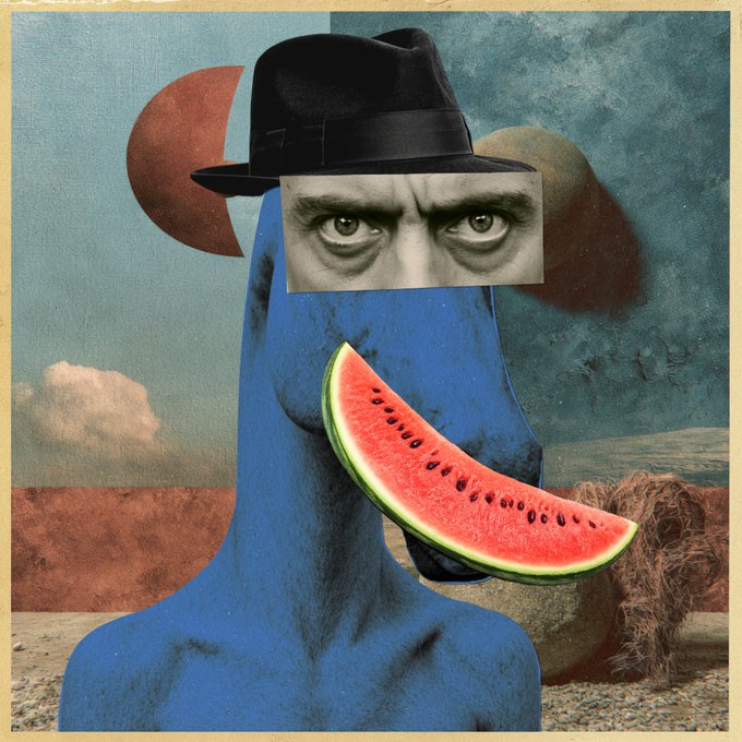 A surrealist collage featuring a blue figure with a black fedora, a cut-out photograph of intense eyes covering the upper face, and a large watermelon slice protruding like a tongue from the mouth.