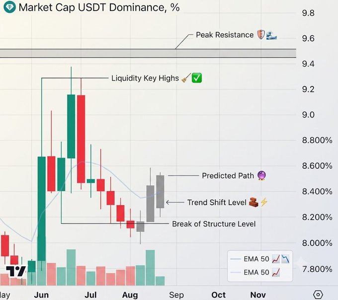 This image is a candlestick chart from TradingView showing USDT Market Cap Dominance (%) from May to November, with key technical levels marked including "Peak Resistance" near 9.6%, "Liquidity Key Highs" around 9.2%, a "Trend Shift Level" near 8.4%, and a "Break of Structure Level" around 8.2%. The accompanying post suggests Bitcoin will bottom when USDT dominance reaches its peak, illustrating the classic pattern of liquidity sweeps of stablecoin holders before a breakout that triggers crypto market expansion.
