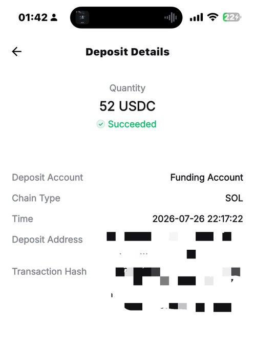 A mobile screenshot of a 'Deposit Details' page showing a successful 52 USDC deposit on the SOL chain, with time stamp 2026-07-26 22:17:22, and partially redacted deposit address and transaction hash.
