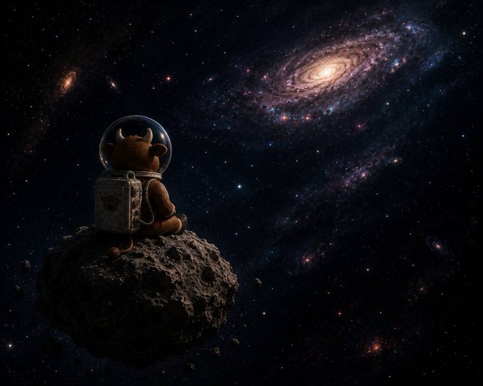 A small brown cow wearing a space helmet sits alone on an asteroid, gazing out at a vast spiral galaxy. The whimsical scene captures the "moon cow to the moon" sentiment, depicting the humble cow launching itself into the cosmos toward distant stars.