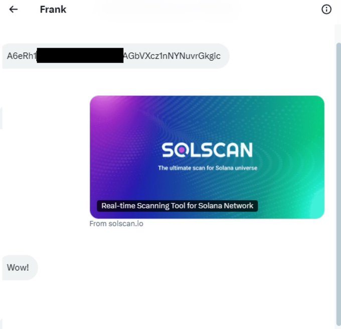 The image shows a screenshot of a chat with a Solana wallet address visible and a Solscan.io advertisement. This relates to the accompanying post "what's your solana ($sol) wallet address?" by suggesting to use Solscan to manage or find one's Solana wallet.