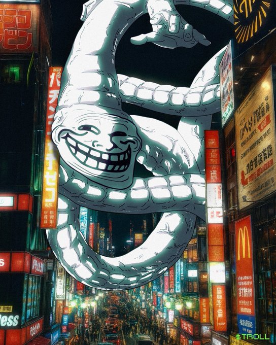 A vibrant nighttime street scene in a Japanese city features a giant grinning trollface creature coiling among neon signs and billboards, including a visible McDonald's logo, with the watermark 'ETROLL' in the corner.