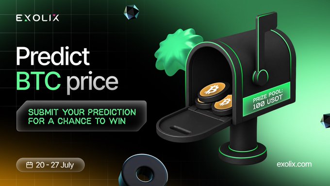 A promotional graphic by EXOLIX featuring a black mailbox with a green burst and Bitcoin coins, advertising a "Predict BTC price" giveaway with a 100 USDT prize pool running July 20-27, directing viewers to exolix.com to submit their Bitcoin price predictions.