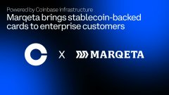 A promotional graphic with a blue background displaying Coinbase and Marqeta logos, with text reading 'Powered by Coinbase Infrastructure: Marqeta brings stablecoin-backed cards to enterprise customers'.