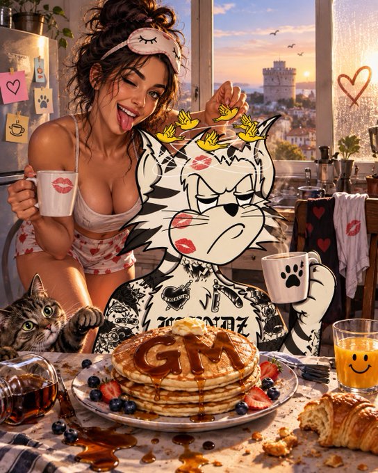 A stylized, anime-influenced illustration of a woman and a grumpy cartoon cat with kiss marks sitting at a messy breakfast table featuring pancakes topped with syrup that spells 'GM', alongside a smiley-face orange juice glass and a tabby cat.