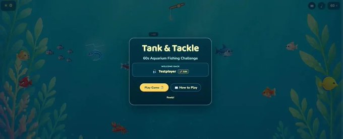Screenshot of a 'Tank & Tackle' game interface, described as a '60s Aquarium Fishing Challenge' with underwater fish illustrations and a 'Play Game' button.
