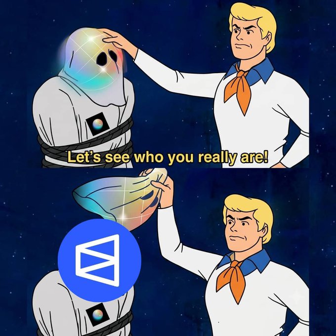 A Scooby-Doo meme featuring Fred Jones pulling off a disguise from a bound ghost-like figure, with text reading 'Let's see who you really are!' and a blue circular logo overlay in the bottom panel.