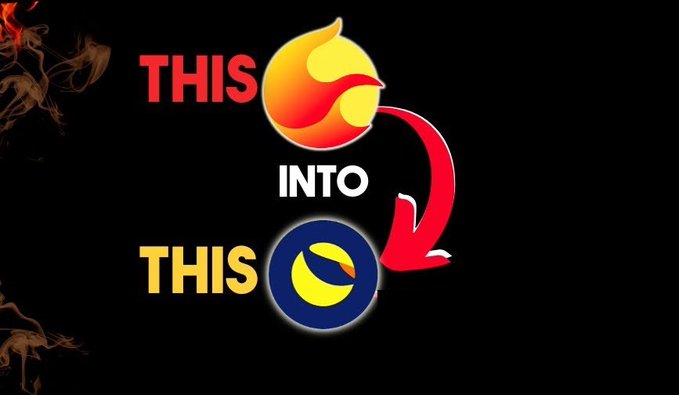 A dark image shows a transformation graphic with "THIS" next to a yellow and red flame icon (Terra/LUNA) pointing down via a red arrow to "THIS" next to a yellow moon on a dark blue circle (Terra Luna Classic/LUNC), illustrating a token swap. The visual reinforces the post's call for $LUNA holders to swap to $LUNC.