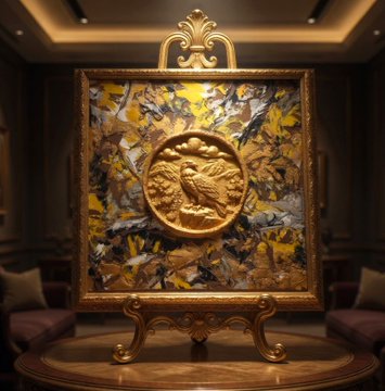 An ornate gold-framed artwork on an easel featuring a textured mix of gold, blue, and white hues, with a central circular relief depicting a bird and floral motifs.