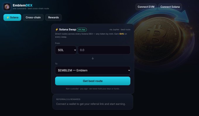 A screenshot of the EmblemDEX website showing a 'Solana Swap' interface with fields to swap 'SOL' to '$EMBLEM - Emblem', featuring buttons to 'Connect EVM' and 'Connect Solana' in the top right corner.