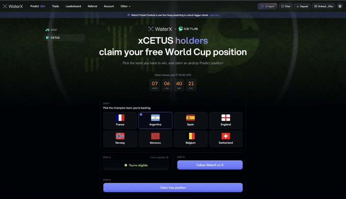 A WaterX Predict website showing an xCETUS holders promotion to 'claim your free World Cup position', with a countdown timer (07 days, 06 hours, 40 min, 21 sec) and options to pick champion teams like France, Argentina, Spain, and England.