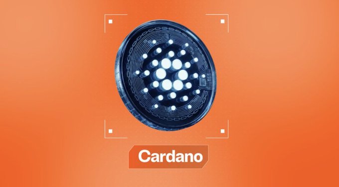 Promotional graphic for Cardano (ADA) cryptocurrency featuring a 3D rendering of the Cardano coin with its signature dot-pattern logo against an orange gradient background.