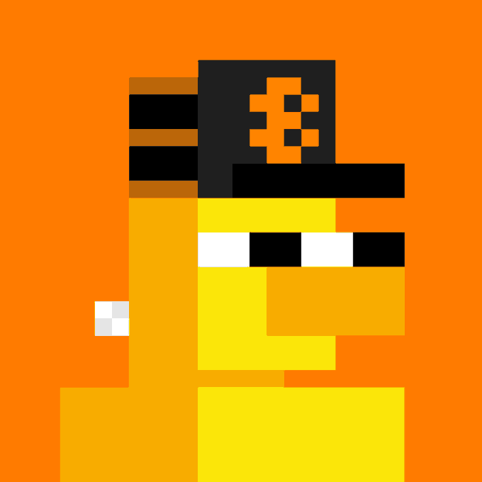 A pixel art character wearing a black and orange cap with a pixelated symbol, and yellow-tinted sunglasses, set against a solid orange background.