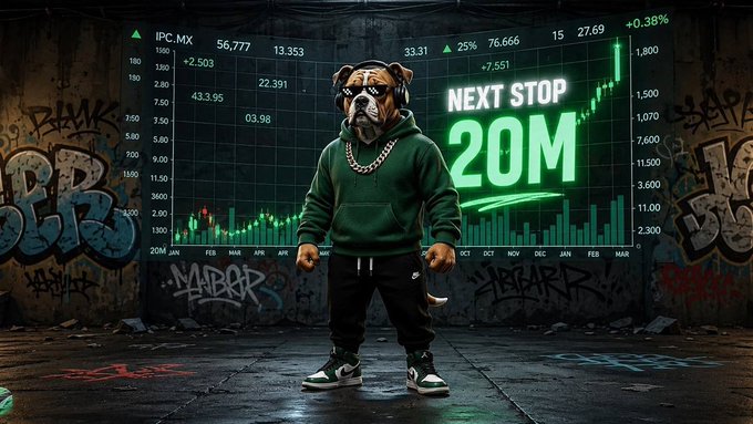 A bull dog mascot wearing a green Nike tracksuit and headphones stands confidently before a graffiti-covered wall displaying a glowing financial chart, captioned "NEXT STOP 20M" with the ticker "IPC.MX" at 56,777 and a "+0.38%" gain. The image visually amplifies the post's bullish sentiment toward the $GOOD cryptocurrency as "PUMPING."
