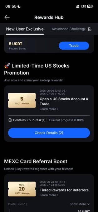 A cryptocurrency exchange's Rewards Hub screen showing a 5 USDT new user bonus and Limited-Time US Stocks Promotion with an airdrop rewards offer.