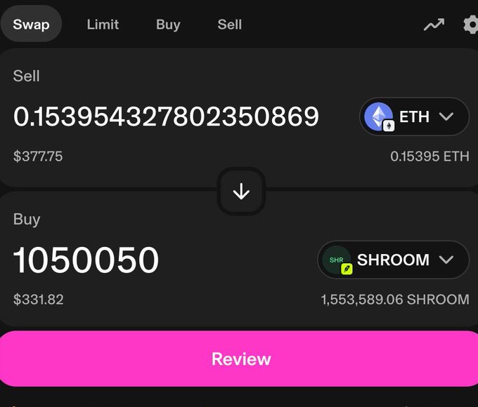 A cryptocurrency swap interface showing the sale of 0.153954327802350869 ETH for $377.75 in exchange for 1,050,050 SHROOM tokens valued at $331.82.
