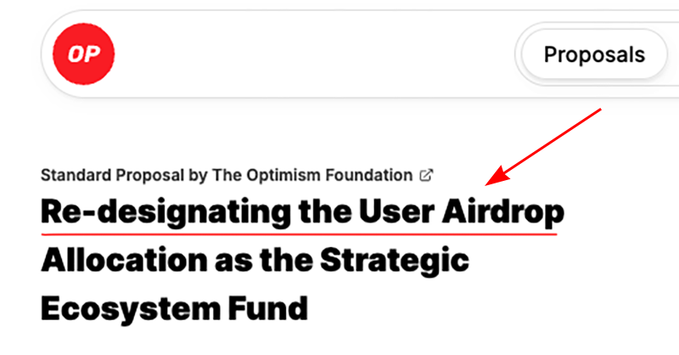 This image shows a proposal from The Optimism Foundation titled "Re-designating the User Airdrop Allocation as the Strategic Ecosystem Fund." This directly relates to the post's concern that Optimism may be canceling user airdrops.