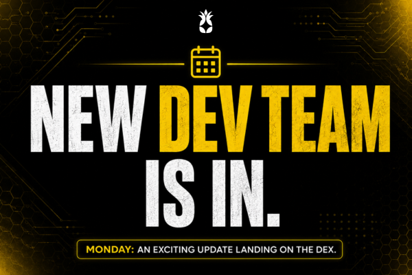The image is a bold black-and-yellow promotional graphic with the headline "NEW DEV TEAM IS IN." above a calendar icon, accompanied by the text "MONDAY: AN EXCITING UPDATE LANDING ON THE DEX." at the bottom. The graphic visually reinforces the post's announcement about a new development team of infrastructure and AI specialists joining the project, teasing upcoming DEX updates.