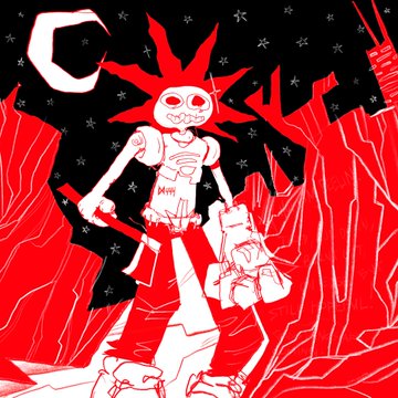 A red and black stylized drawing of a skeletal character with a spiked sun-shaped head holding a crescent moon, with 'Kill' written on the chest.