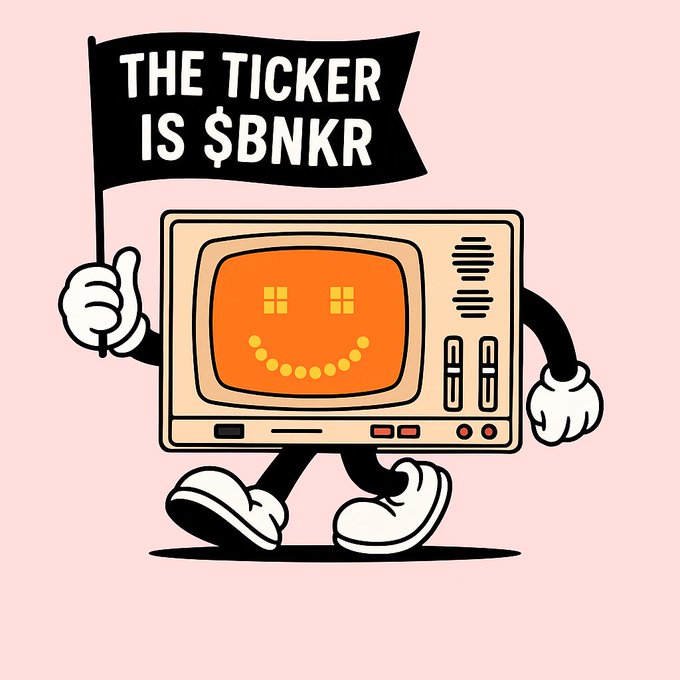 A retro cartoon illustration of an anthropomorphic television with a smiley face holding a flag that reads 'THE TICKER IS $BNKR' on a pink background.