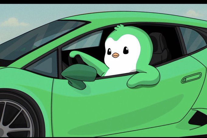 A cartoon illustration of a green penguin-like character driving a green sports car.