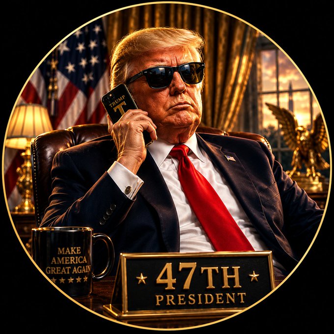 An illustration of Donald Trump wearing sunglasses and a suit with a red tie, sitting at a desk holding a phone labeled 'TRUMP' with a 'T' logo. On the desk are a 'MAKE AMERICA GREAT AGAIN' mug and a '47TH PRESIDENT' plaque, with an American flag in the background.
