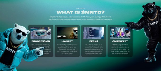 Promotional graphic titled 'WHAT IS $MNTD?' explaining the MNTD token's role in MNT ecosystem, featuring mascot characters in sunglasses and gold chains, with sections on Progression, Loyalty, Perks, and Community.